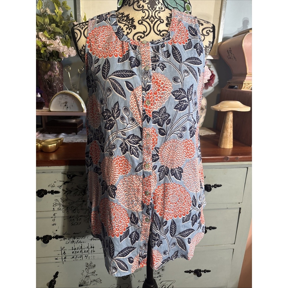 Cynthia Rowley 100% Linen Floral Blouse Blue Coral Sleeveless Button Front Sz M
